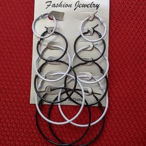 White and Black Hoop Earrings - 6 Pairs